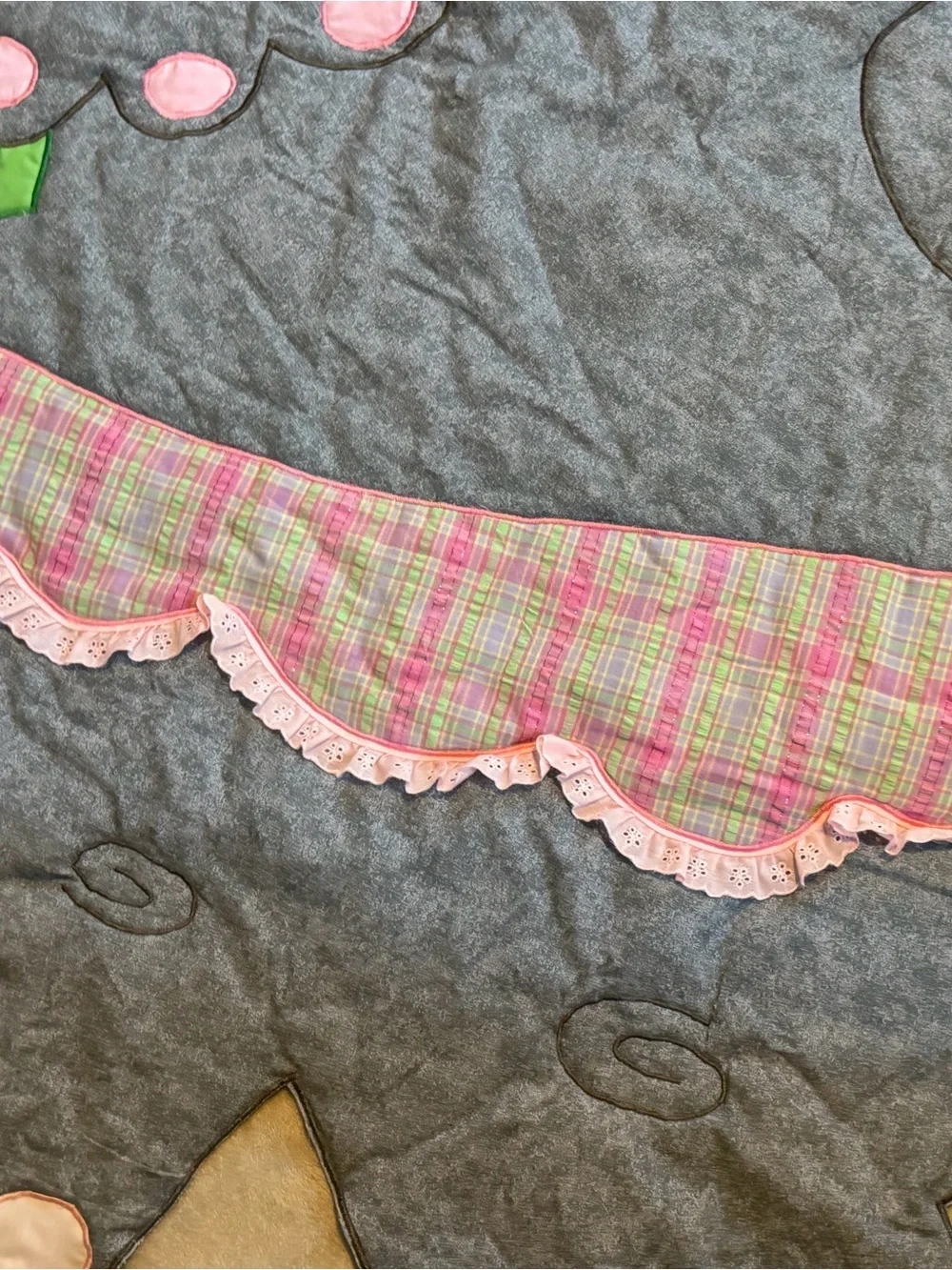 Vintage Handmade Gray Hippo Applique Baby Quilt with Pink Flower